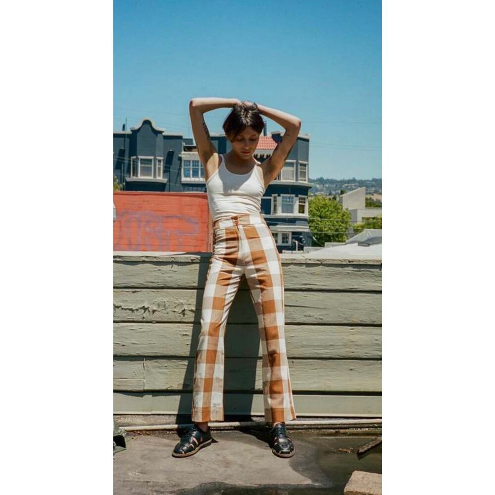 Ali Golden Silk Front Fly Plaid Pants Rust Cropped Wide Leg Medium Brown